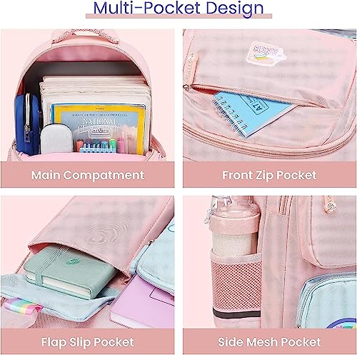 Azonee Backpack for Girls, Wide Open Elementary Primary Middle School Bags with Many Compartments, Safety Reflective Strip, Waterproof, Large Capacity, for Kids, Teens, Pink