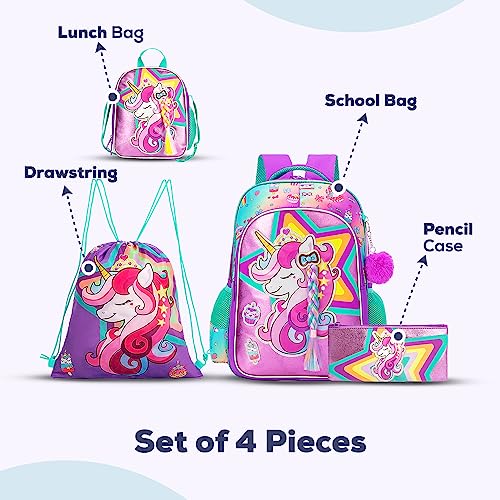 Eazy Kids - 18" Set of 4 School Bag Lunch Bag Activity Bag & Pencil Case Unicorn-Pink