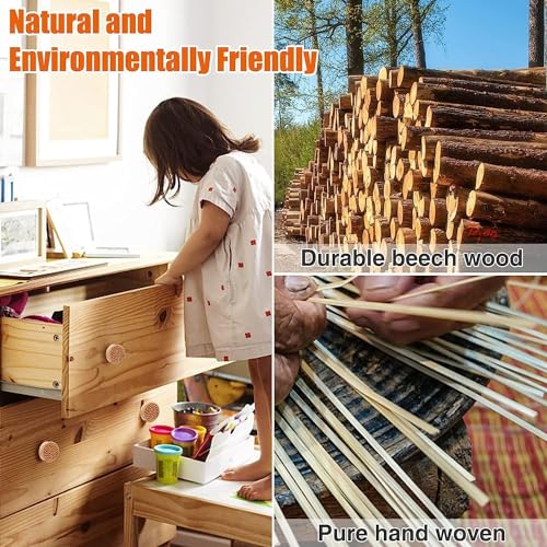 X spring Wooden Drawer Knobs, 6pcs 35x30mm Round Rattan Dresser Knobs, Cabinet Pulls and Knobs with Handmade Wicker Woven and Screws for Boho Furniture Knobs Cabinets Dresser Handles Hardware