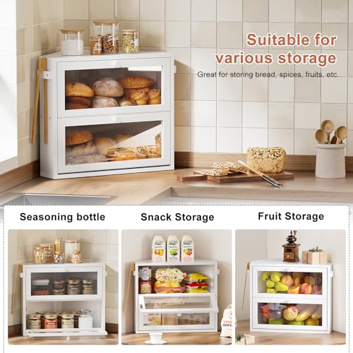 WOWLIVE Corner Bread Box for Kitchen Countertop, Large Double Layer Bread Storage Container for Homemade Bread, Black Bread Holder for Kitchen Counter, Under Cabinet Organizer (White, Medium)