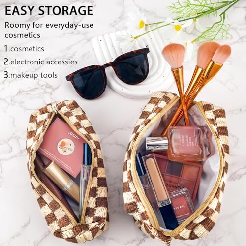 ZLFSRQ 3Pcs Checkered Makeup Bag for Women Large Cosmetic Bag Set Travel Toiletry Bag Makeup Pouch Bag for Purse Pink Zipper Storage Bag Organizer Cute Small Aesthetic Girls Car Essentials Bag
