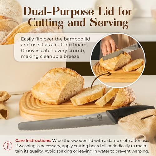 ABIOTO Modern Bread Box for Kitchen Counter Top with 2 Bread Bags (White) - Sturdy Modern Construction, Ribbed Design Keeps Bread Fresh Longer - Large Sourdough Bread Box with Cutting Board Lid