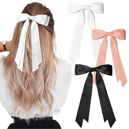 Zurligi 3 PCS Silky Satin Bows Hair Clip, Hair Ribbon Ponytail Holder Accessories Slides Metal Clips, Double Ribbon Accessories for Women Girls Toddlers Teens Kid (3 Colors)
