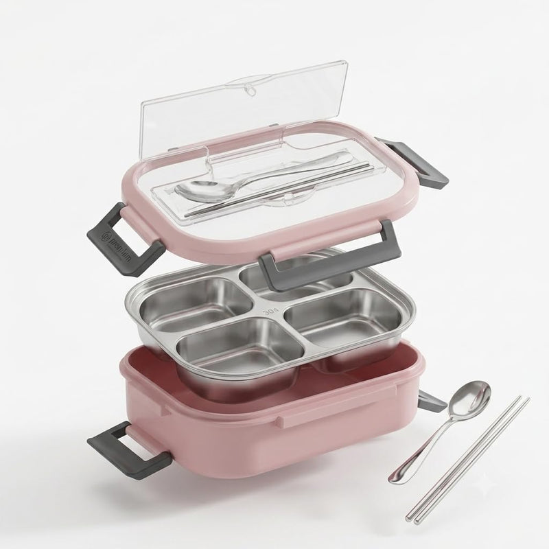 AUXE BentoGlow Stainless Steel Bento Lunch Box 4 Compartment Leakproof Meal Prep Container with Insulated Outer Base, Built-in Utensil Storage Lid, Spoon & Chopsticks for Kids & Adults - Pink