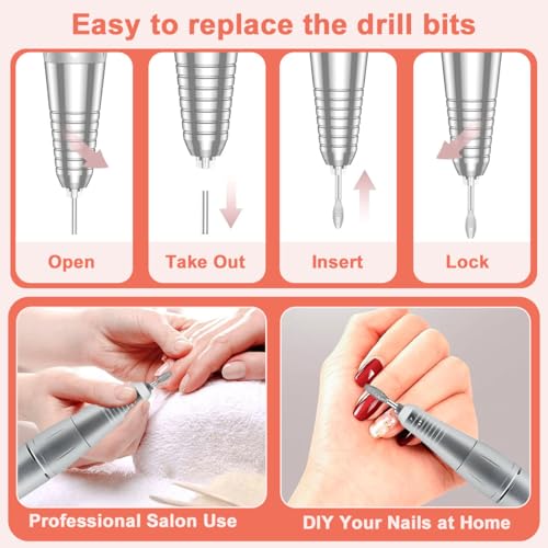 Azulmart Electric Nail File Set 6 In 1 Professional Nail Drill Kit Machine 45000RPM Speed Adjustable Manicure Pedicure Polishing Shape Tools Rechargeable Portable with 2 Nail Bits for Women Salon Home