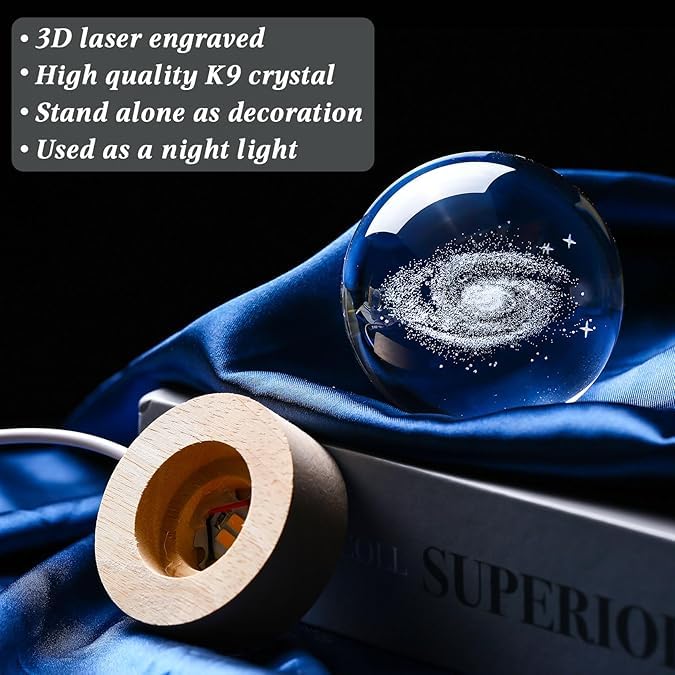 PYLCO SMART Tabletop Night Light Crystal Ball with Wood Base LED Night Lamp 3D Creative Saturn Astronomy Glaxy Night Lamp Fantasy Decoration Light for kid friend Birthday Gifts Room Decor (Glaxy, 8mm)