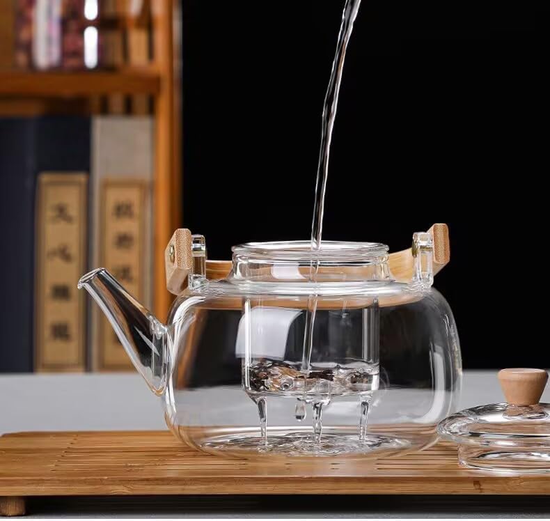 1L Borosilicate Glass Teapot Stovetop safe ï¼ŒLoose Leaf and Blooming Tea Maker, Christmas GiftGlass Tea Kettle with Wooden Handle,Large Size for Women and Adult (teapot +6 cup)