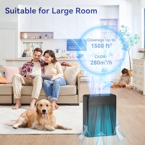 YARIKI Air Purifiers for Home Pets Covers Up to 1500 Sq Ft,H13 Hepa Filter with Washable Pre-Filter,Pet Hair Dander Smoke Air Cleaner,22 dB Quiet Sleep for Living Room Bedroom Kitchen,P280 (1, Black)