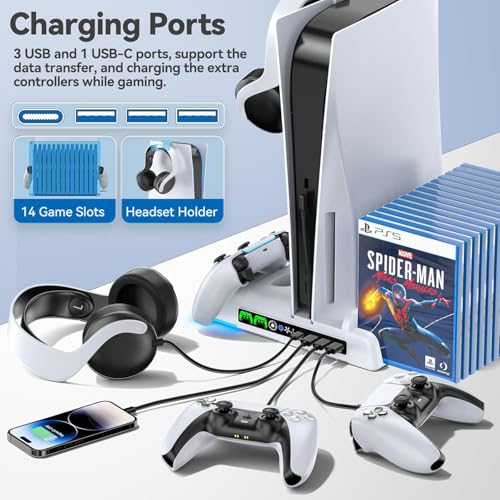 OIVO PS5 / PS5 Slim Stand and Cooling Station With RGB LED Controller Charging Station for Playstation 5 Console, Controller Charger, Accessories With 3 Level Cooling Fan