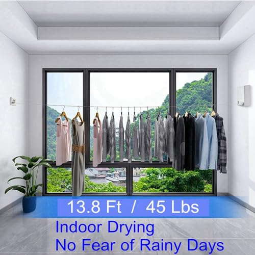 Retractable Clothesline - Heavy Duty Stainless Steel 13.8 Ft Adjustable Space Saving Drying Rope with Aluminum and ABS Wall Mount Case, Perfect for Compact Areas Indoor/Outdoor, White