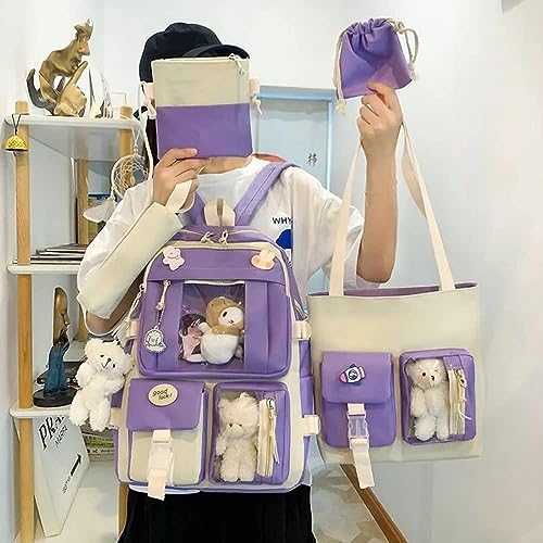 TOMVAES 5 Pcs School Book Bag Set,Bear Pendant Canvas Combo,School Backpack Bag,Girl Student Tote Crossbody Daypack Boy Pencil Case,Girls schoolbag School Shoulder Bags Backpack