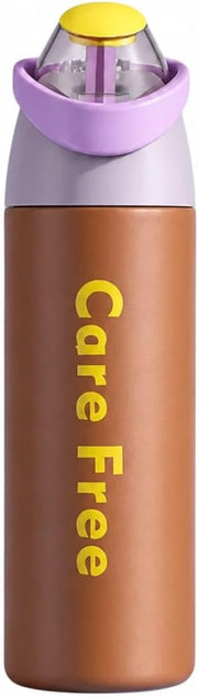 Care Free Water Bottle 700ml, 316 Stainless Steel Vacuum Insulated, Leakproof Straw Bottle, BPA Free, Hot & Cold Flask for School & Travel - Brown