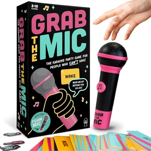 KALEDE® Official Grab The Mic – Family Karaoke Game, 8+ Year Olds, 2-10 Players - Board Game for Bad Singers with 250 Lyrics (125 Cards) for Hilarious Game Nights & Birthday Party, Kids Gift