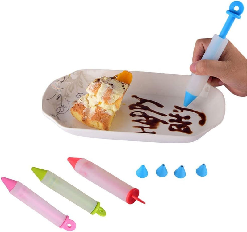 KASTWAVE Silicone Food Writing Pen Cake Decorating Tool, Practical Squeezing Cream Pen Chocolate Cake Decoration Tool with 4 Heads Cookie Icing Piping Pastry Nozzles for Bakery Kitchen 4Pcs