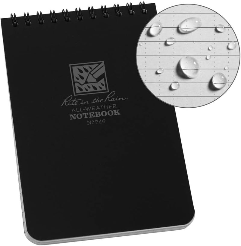 Rite In The Rain Weatherproof Top Spiral Notebook, 10.2 cm x 15.2 cm, Green Cover, Universal Pattern, 3 Pack (No. 946-3) - Top Spiral Black
