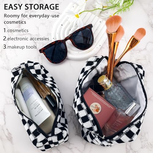 ZLFSRQ 3Pcs Checkered Makeup Bag for Women Large Cosmetic Bag Set Travel Toiletry Bag Makeup Pouch Bag for Purse Pink Zipper Storage Bag Organizer Cute Small Aesthetic Girls Car Essentials Bag