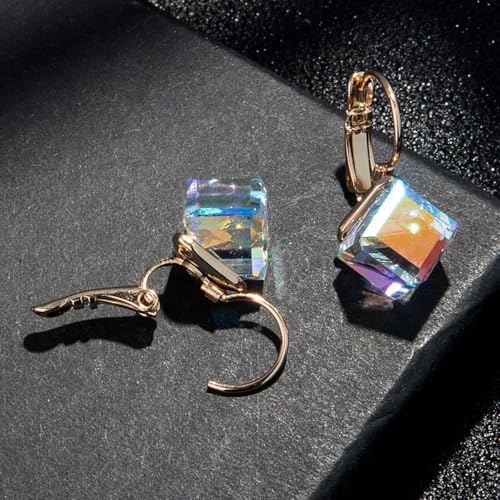 Cube Austrian Crystal Drop Leverback Earrings for Women Fashion 14K Rose Gold Plated Hypoallergenic Jewelry