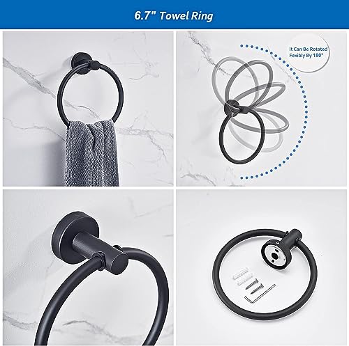 MIXDE 6 PCS Bathroom Hardware Set, MIXDE Stainless Steel Round Wall Mounted - Includes 16" Hand Towel Bar, Towel Ring,Toilet Paper Holder, 3 Robe Towel Hooks,Bathroom Accessories Kit(Matte Black)