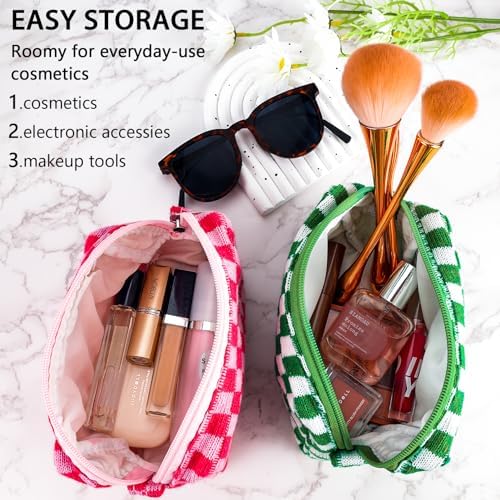 ZLFSRQ 3Pcs Checkered Makeup Bag for Women Large Cosmetic Bag Set Travel Toiletry Bag Makeup Pouch Bag for Purse Pink Zipper Storage Bag Organizer Cute Small Aesthetic Girls Car Essentials Bag