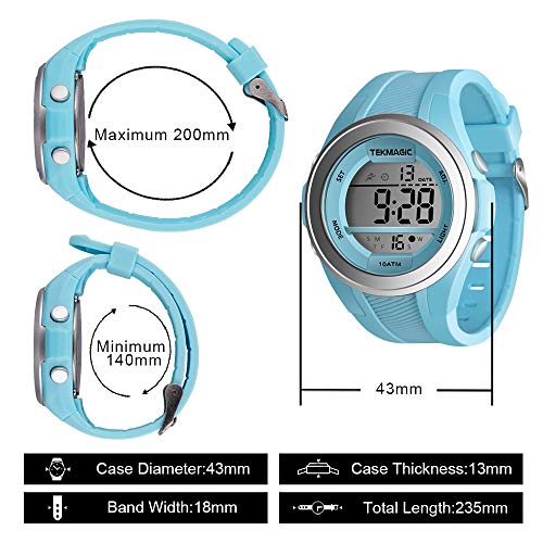 TEKMAGIC 10 ATM Waterproof Digital Sports Watch for Boys Girls Swimming Diving 100m Underwater with Alarm Clock, Chronograph, Timer, Countdown, Dual Time Zone, 12 or 24 Hour Format