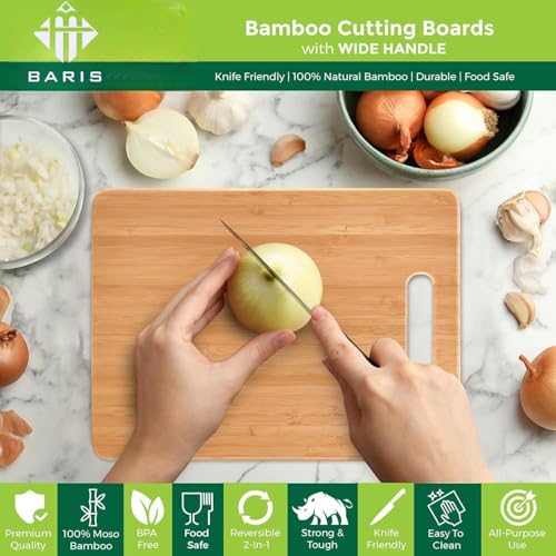 BARIS Bamboo Cutting Boards [Set of 3, Small, Medium, Large] ? Wooden Vegetable Chopping Board Set with Handles | Non-Slip Bamboo Wood Kitchen Accessories for Meat, Cheese, Fruits & Bread