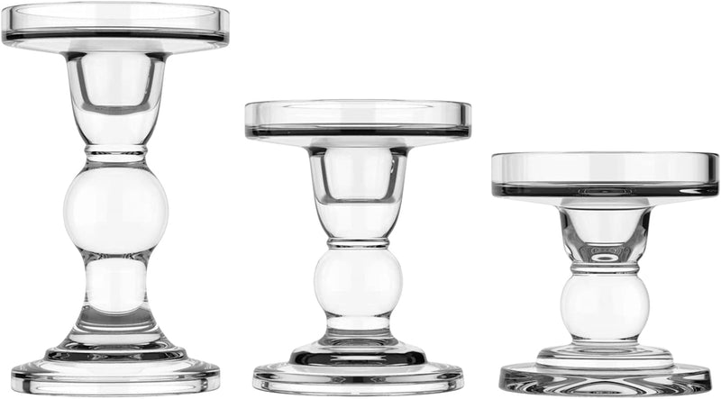 Lewondr Glass Candle Holders, 3 Pieces Crystal Clear Candlesticks with Elegant Design for Pillar Taper Candle and Tea Light, Home Table Living Room Wedding Party Decorations Home Décor - Clear
