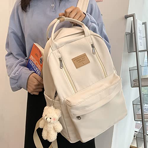 AONUOWE Preppy Backpack with Plushies Cute Backpack for Teen Girls Light Academia Bookbags Solid Aesthetic School Bag