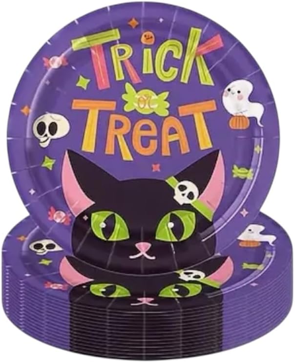 8pcs Cute Halloween Paper Plates, Trick or Treat Disposable Dishes for Food Sweets Table Decoration Party Supplies, Spooky Pumpkin Cat, Tableware, Tablesetting Kids Children Candys (Small Plates) - Large Plates