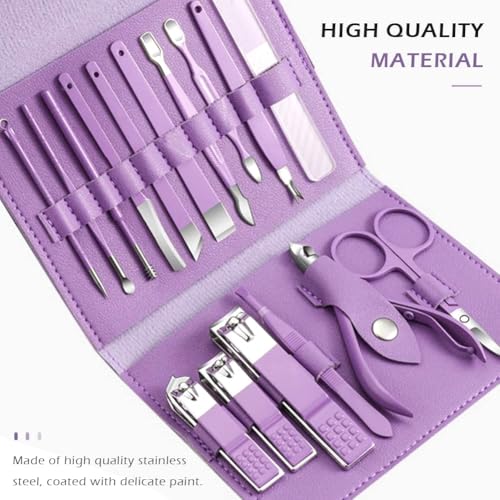 NALACAL 16-Piece Premium Travel Manicure Set - Stainless Steel Nail Clippers, Tweezers, Scissors, Cuticle Nipper & Pedicure Tools with Stylish Purple PU Leather Case - Portable Nail Care Kit