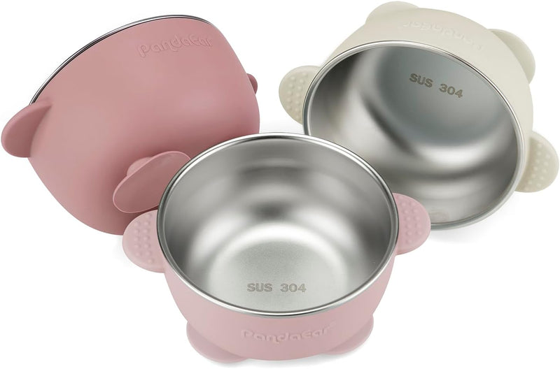 3 Pack Stainless Steel Baby Suction Bowls, Non-Slip Child Food Bowl with Silicone Sleeve for Kids Toddlers Infants, Unbreakable & Mess Free (Blue Green Brown) - PINK