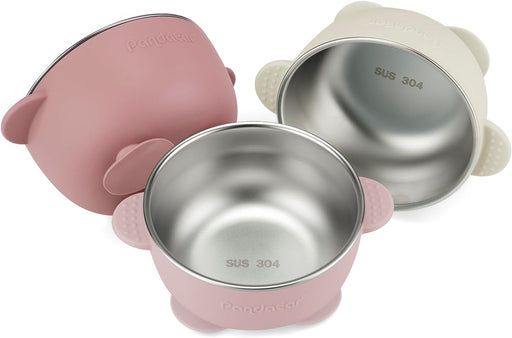 3 Pack Stainless Steel Baby Suction Bowls, Non-Slip Child Food Bowl with Silicone Sleeve for Kids Toddlers Infants, Unbreakable & Mess Free (Blue Green Brown) - PINK