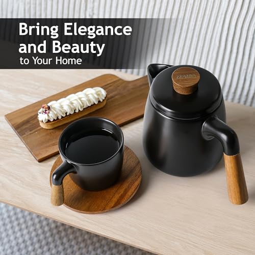 MIAMIO â€“ 1000 ml Ceramic Tea Pot Set with Infuser/Tea Strainer, 4 Ceramic Tea Mugs (300 ml), Bamboo Saucers/Handle and Rack for Home and Office (Black)