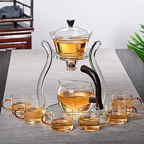 RORA Glass Teapot Set, Automatic Lazy Tea Set, Magnetic Rotating Kungfu Heat Resistant with 6 Tea Cups (Teapot with 6 Bowls)