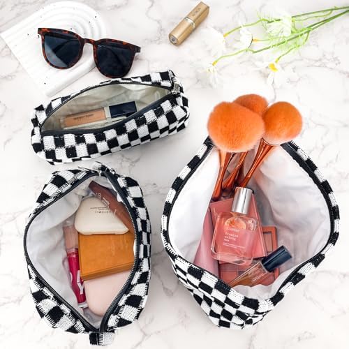 ZLFSRQ 3Pcs Checkered Makeup Bag for Women Large Cosmetic Bag Set Travel Toiletry Bag Makeup Pouch Bag for Purse Pink Zipper Storage Bag Organizer Cute Small Aesthetic Girls Car Essentials Bag