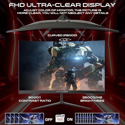 GAMEON GOC24F180VA Pro Series Curved Gaming Monitor 24 inch, 1920x1080p FHD Fast VA Panel, 180Hz, 0.5ms, HDMI 2.1, G-Sync & Freesync, Crosshair assistant, Built-in Speakers, Supports HDR, PS5, VRR