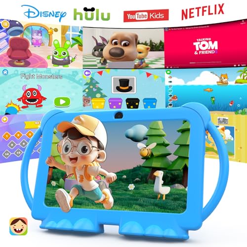 PEICHENG Kids Tablet 7 inch Android 12.0 for Toddler, 4GB RAM 32GB ROM Bluetooth IPS Screen Parental Control Dual Camera Shockproof Case for Educational Games, (1PCS, Blue)