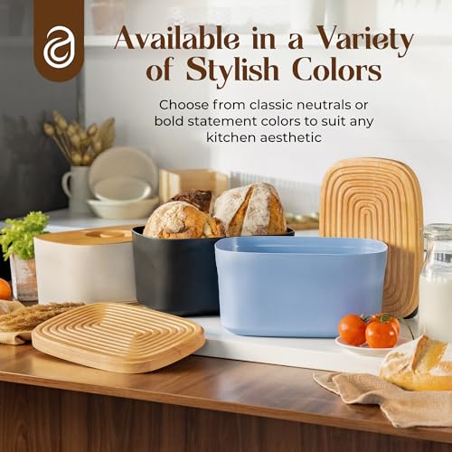 ABIOTO Modern Bread Box for Kitchen Counter Top with 2 Bread Bags (White) - Sturdy Modern Construction, Ribbed Design Keeps Bread Fresh Longer - Large Sourdough Bread Box with Cutting Board Lid