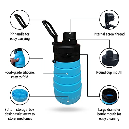 Collapsible Sports Water Bottle 750ml Silicone BPA Free foldable water bottle for kids and adults Ideal for outdoor activities School, Sports, Hiking and GYM water bottle with smart bottom storage