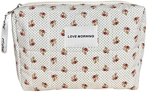 Juoxeepy Cotton Makeup Bag Large Travel Cosmetic Bag Quilted Cosmetic Pouch Coquette Aesthetic Floral Toiletry Bag, A-White, 10x5.9x5.3in