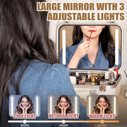 Makeup Travel Case with Mirror - Lighted Cosmetic Bag Organizer with Large LED Light Mirror, Professional Adjustable Divider Storage, Waterproof Portable Make up Train Box Accessories And Tools Case