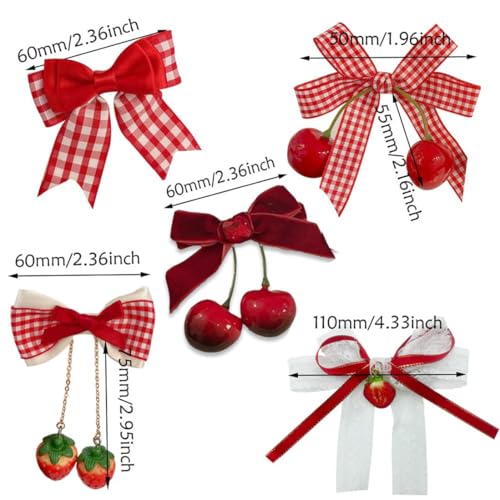 KWSLIN 10 Pack Cherry Strawberry Bow Hair Clip, Cute Red Alligator Clips Bow Bow Hairpin Ponytail Hair Accessories Fruit Hair Barrettes for Kid Teen Girls Women, 5 Style