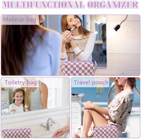 ZLFSRQ 3Pcs Checkered Makeup Bag for Women Large Cosmetic Bag Set Travel Toiletry Bag Makeup Pouch Bag for Purse Pink Zipper Storage Bag Organizer Cute Small Aesthetic Girls Car Essentials Bag