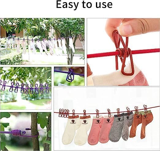 Wiikon Cloth Drying Rope with Two Sided Hooks, Elastic 12 Clips Cloth Hanging Rope Non-Slip Clotheslines for Outdoor Indoor Travel Laundry Drying Hanging Clothes (Pack of 2)