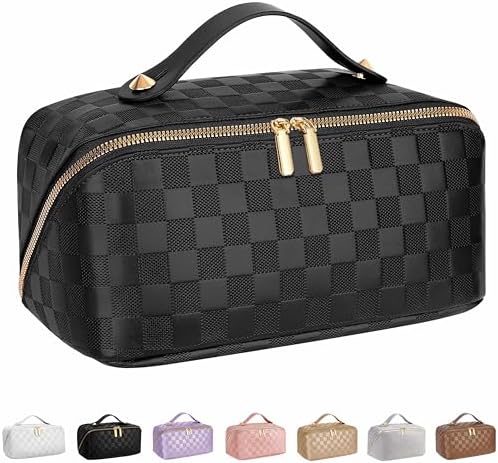 ALEXTINA Large Capacity Travel Cosmetic Bag - Portable Makeup Bags for Women Travel Toiletry Bag Waterproof Leather Checkered Makeup Organizer Bag, Roomy Cosmetic Bag for Women and Girls, Black,