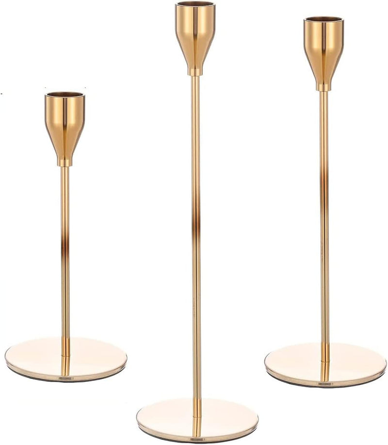 REVHQ Gold Candle Holders,Set of 3 fit for 3/4" Tall Taper Yellow Gold Candlestick&Led Modern Metal Candles, Elegant Stands Decorative Table Centerpieces for Dinning Party Church,Decorative Fitting