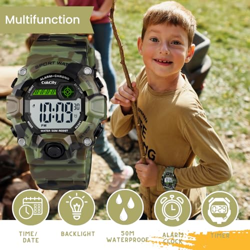 CakCity Boys Camouflage LED Sports Kids Watch Waterproof Digital Electronic Military Wrist Watches for Kids with Silicone Band Alarm Stopwatch Watches Age 5-10