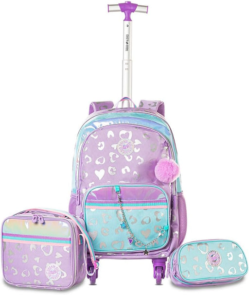 4-wheel Trolley 17" School Bag Set of 3 w/Lunch Bag and Pencil Pouch - Love Purple