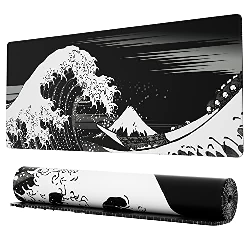 Ovenbird Extended Gaming Computer Mouse Pad, Large Black Mouse Pad for Desk, Cute Anime Japanese Great Wave Desk Pad for Keyboard and Mouse, Black, 31.5 x 11.8 x 0.12 inches