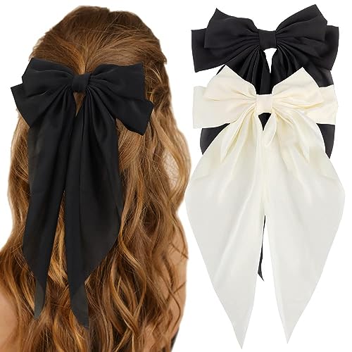 2 Pcs Silky Satin Hair Bows,Big Hair Bows for Women Hair Ribons Oversized Long Tail White Hair Bow Black Hair Bow Large Hair Barrettes for Women French Barrettes Metal Clips Hair Clip (White+Black)