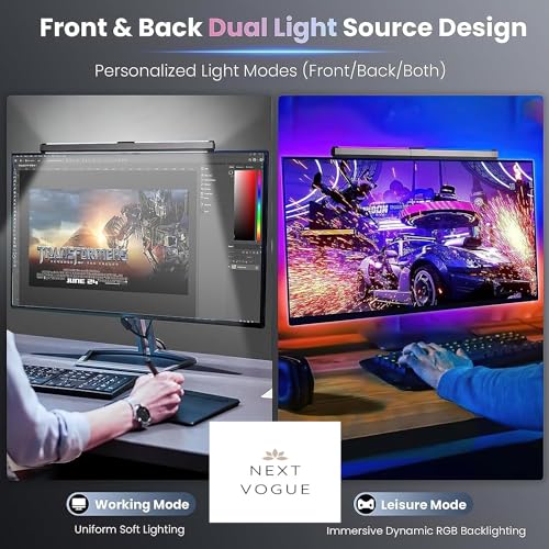 NEXT VOGUE Glare-Free Computer Light with 3 Modes 15 Colors RGB Backlight LED Monitor Light Bar Dimmable Screen Monitor Light USB Powered Computer Monitor Lamp for Home Office